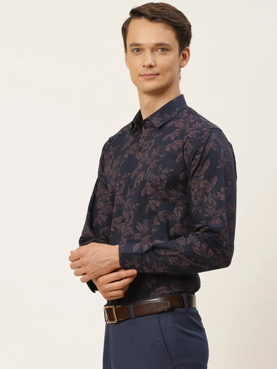 Mens Cotton Navy Blue & Peach Printed Formal Shirt - Sojanya