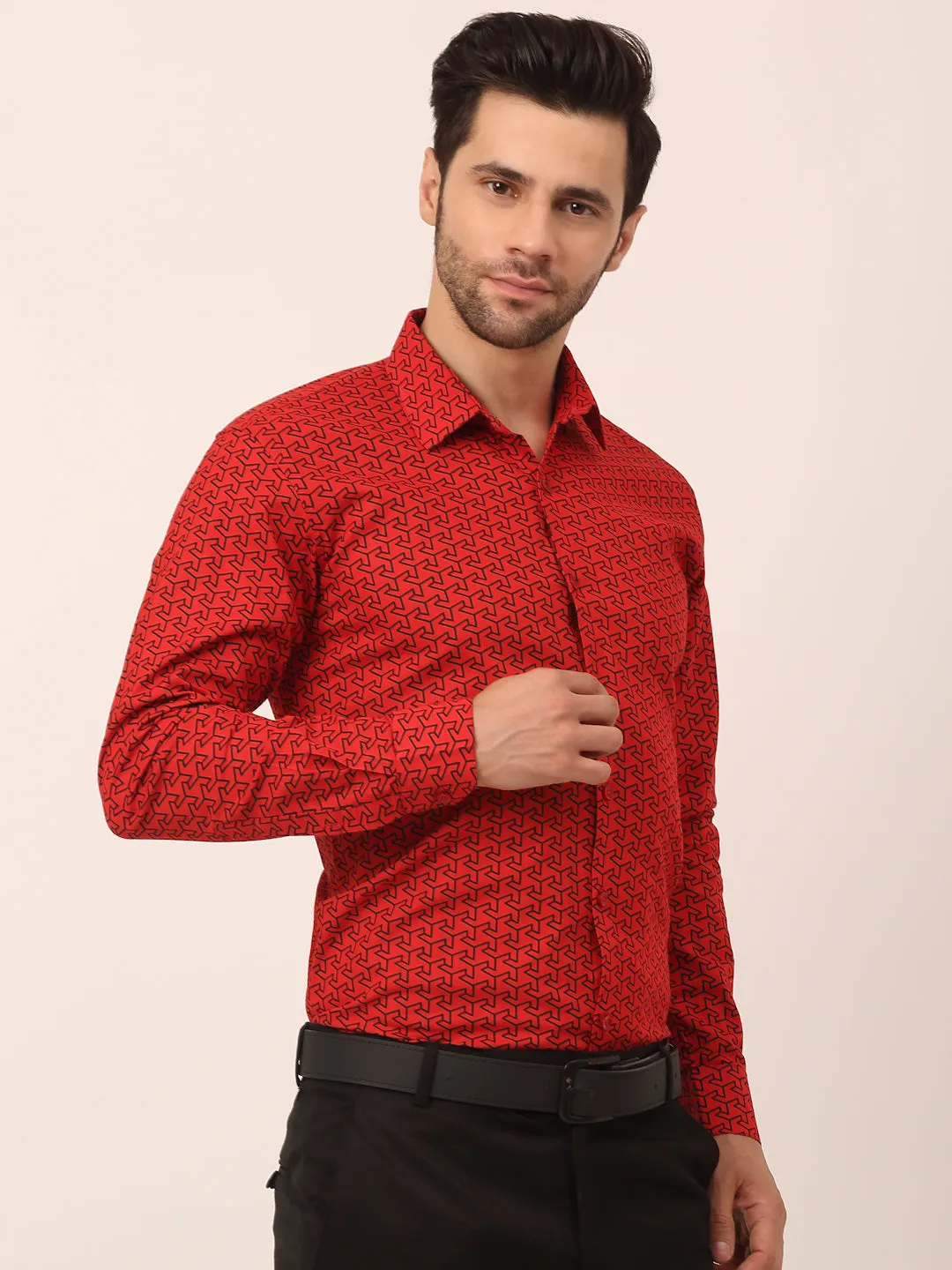 Men's  Cotton Printed Formal Shirts ( SF 821Red ) - Jainish
