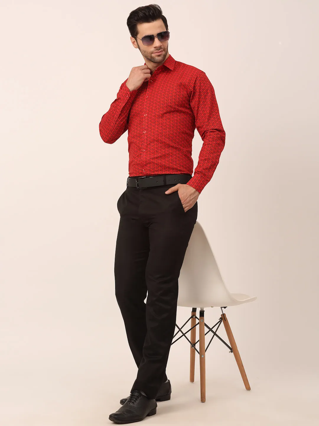 Men's  Cotton Printed Formal Shirts ( SF 821Red ) - Jainish