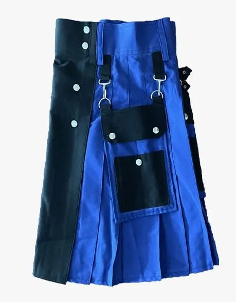 MEN'S DETACHABLE POCKET UTILITY KILT IN BLACK AND BLUE