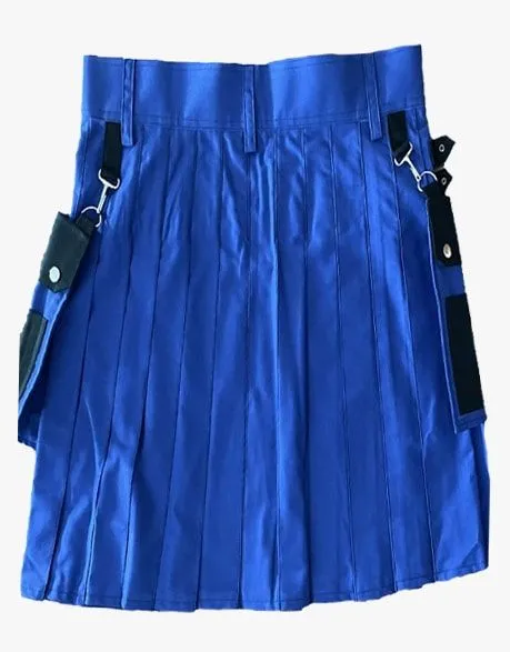 MEN'S DETACHABLE POCKET UTILITY KILT IN BLACK AND BLUE