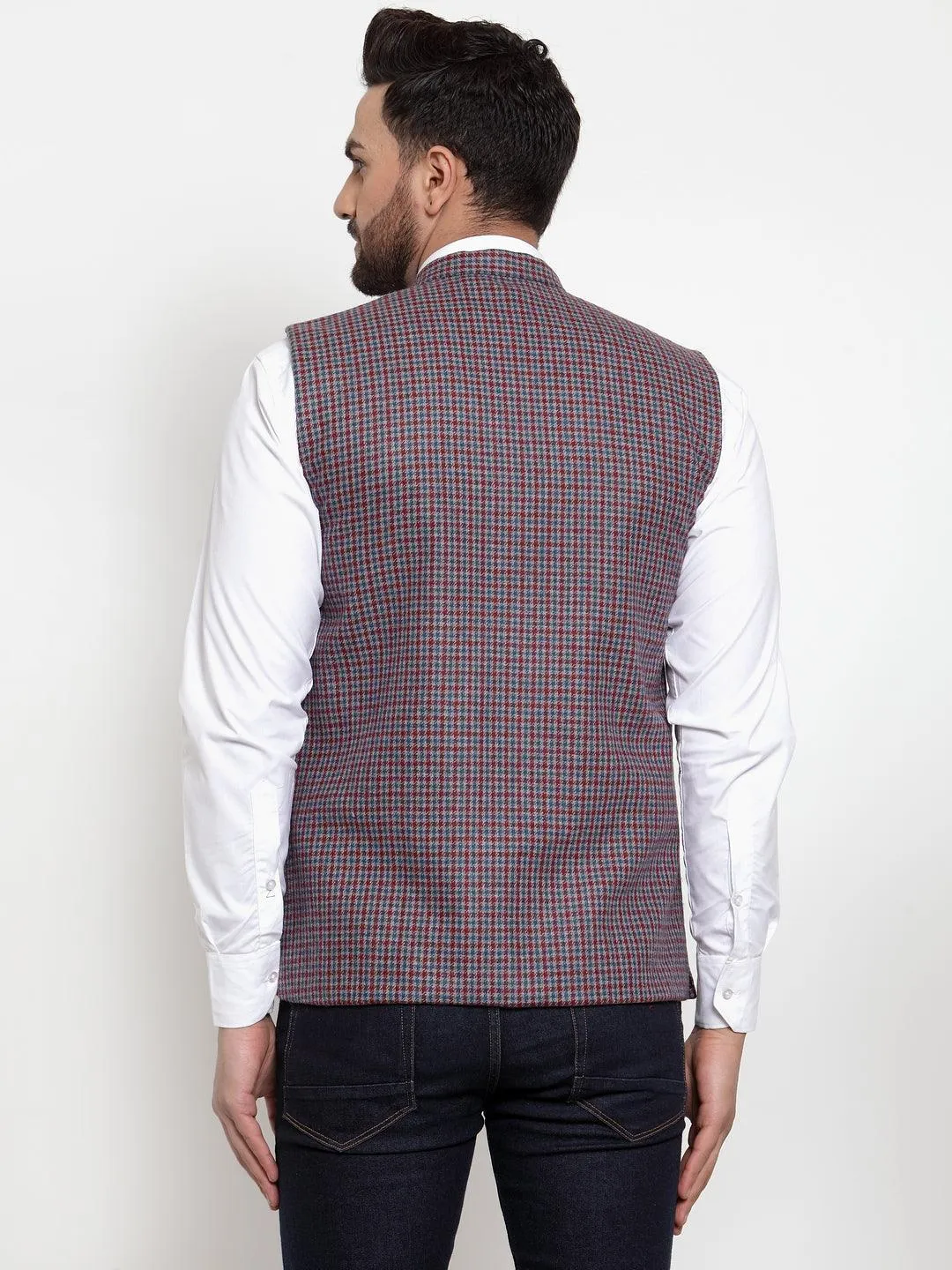 Men's Dhrohar Premium Wool Nehru Jacket - Red And Blue - Size - 38 - Neudis Men