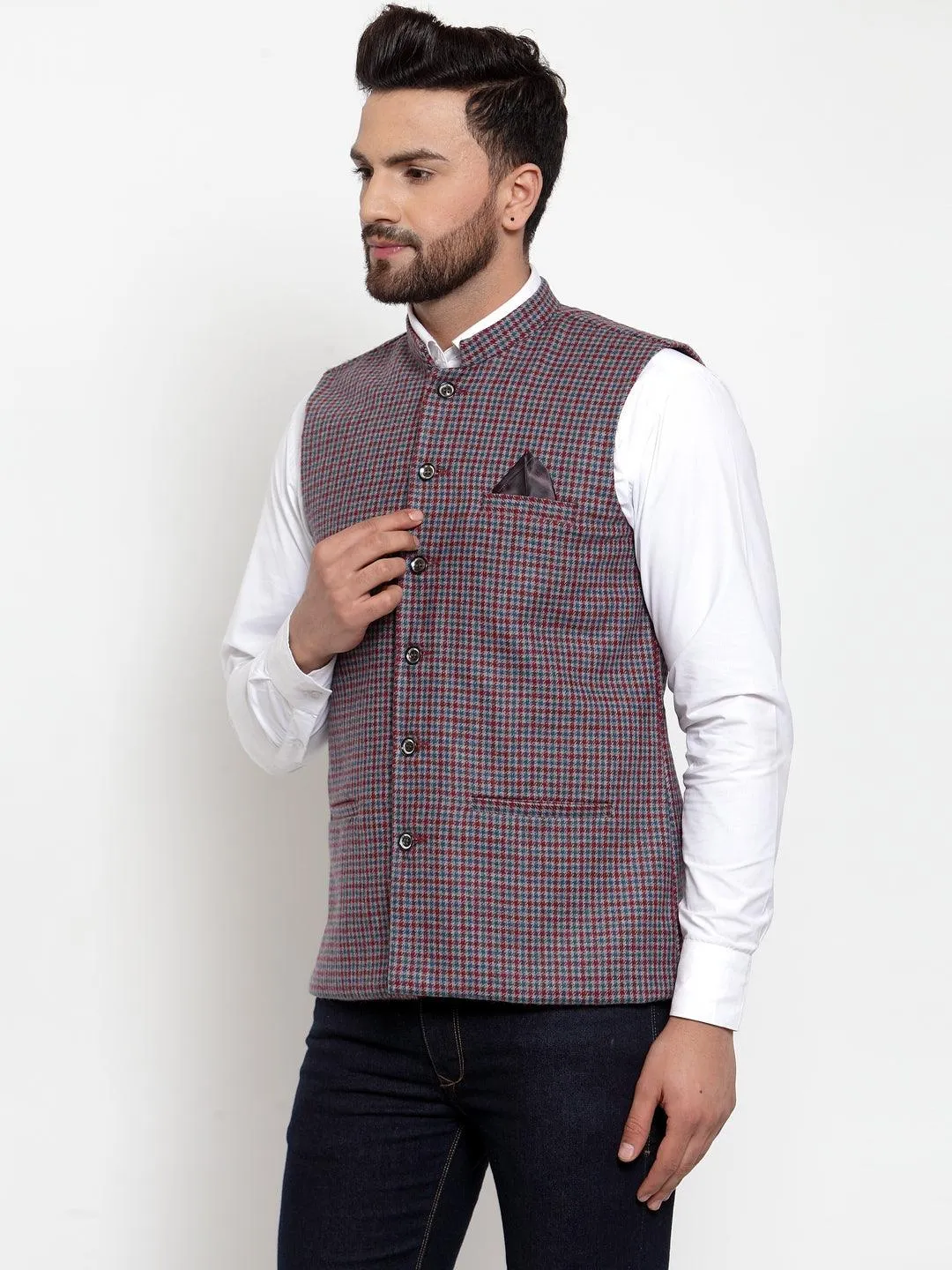 Men's Dhrohar Premium Wool Nehru Jacket - Red And Blue - Size - 38 - Neudis Men