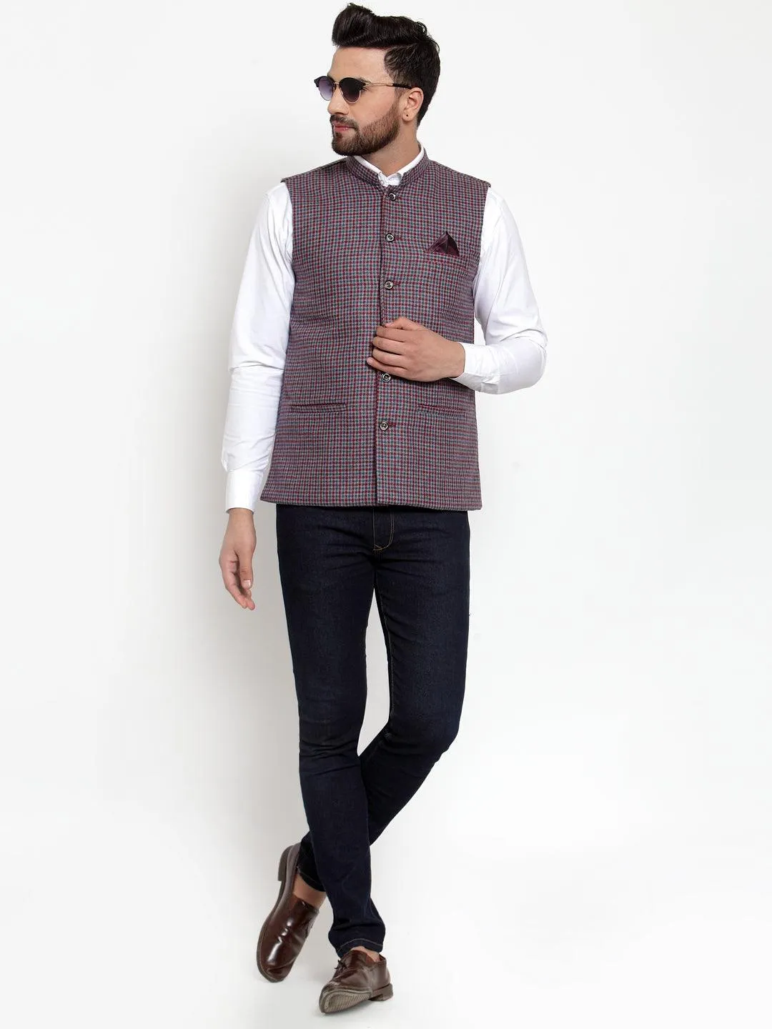 Men's Dhrohar Premium Wool Nehru Jacket - Red And Blue - Size - 38 - Neudis Men