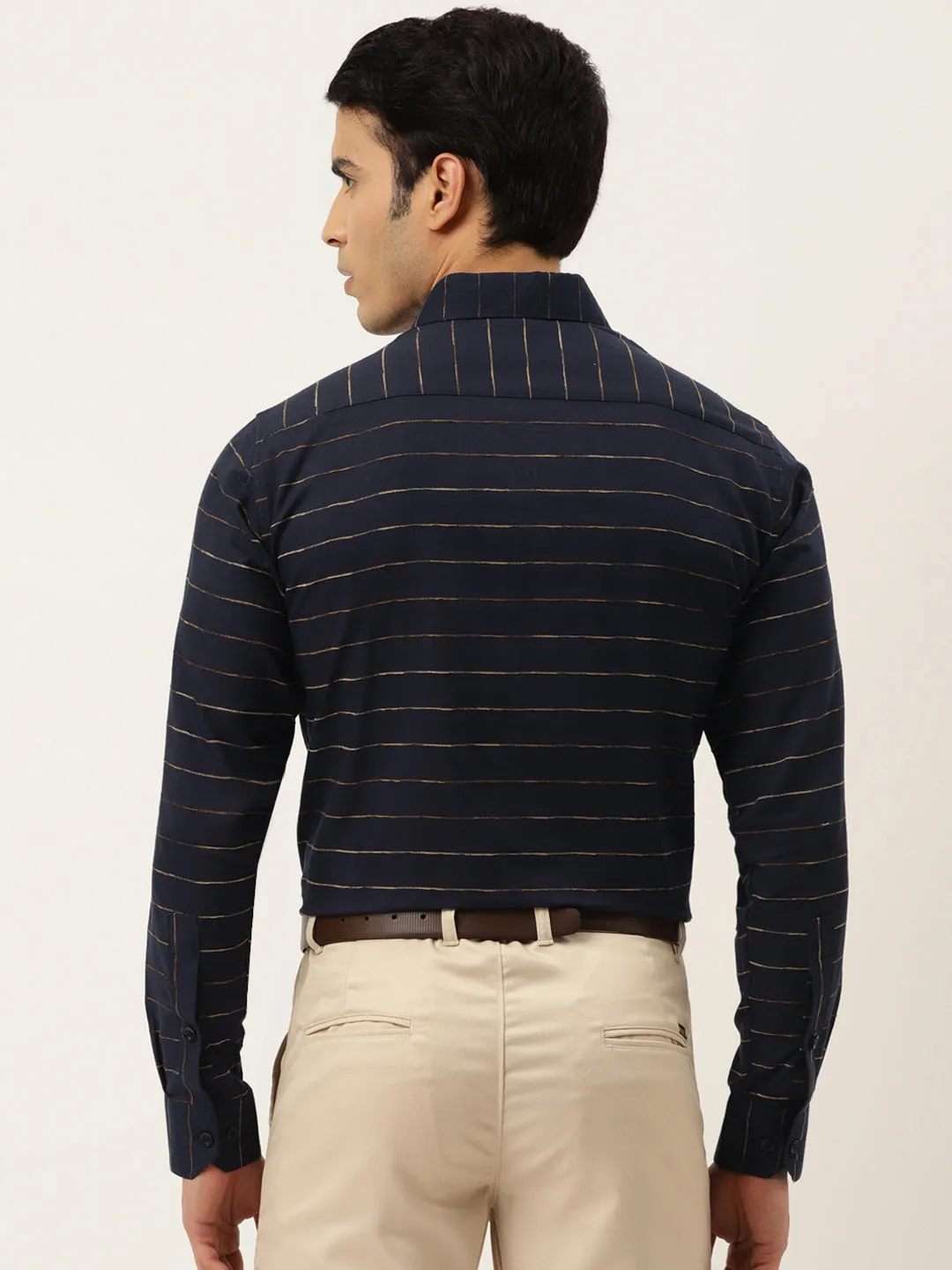 Men's Formal Cotton Horizontal Striped Shirt ( SF 790Navy ) - Jainish