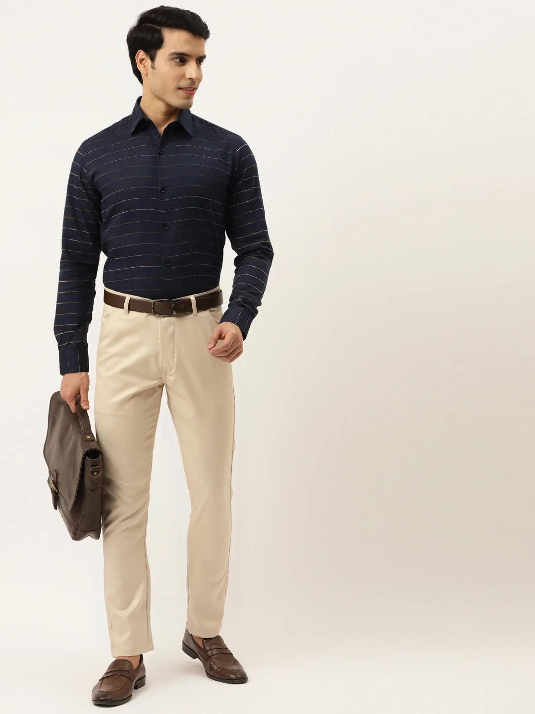 Men's Formal Cotton Horizontal Striped Shirt ( SF 790Navy ) - Jainish