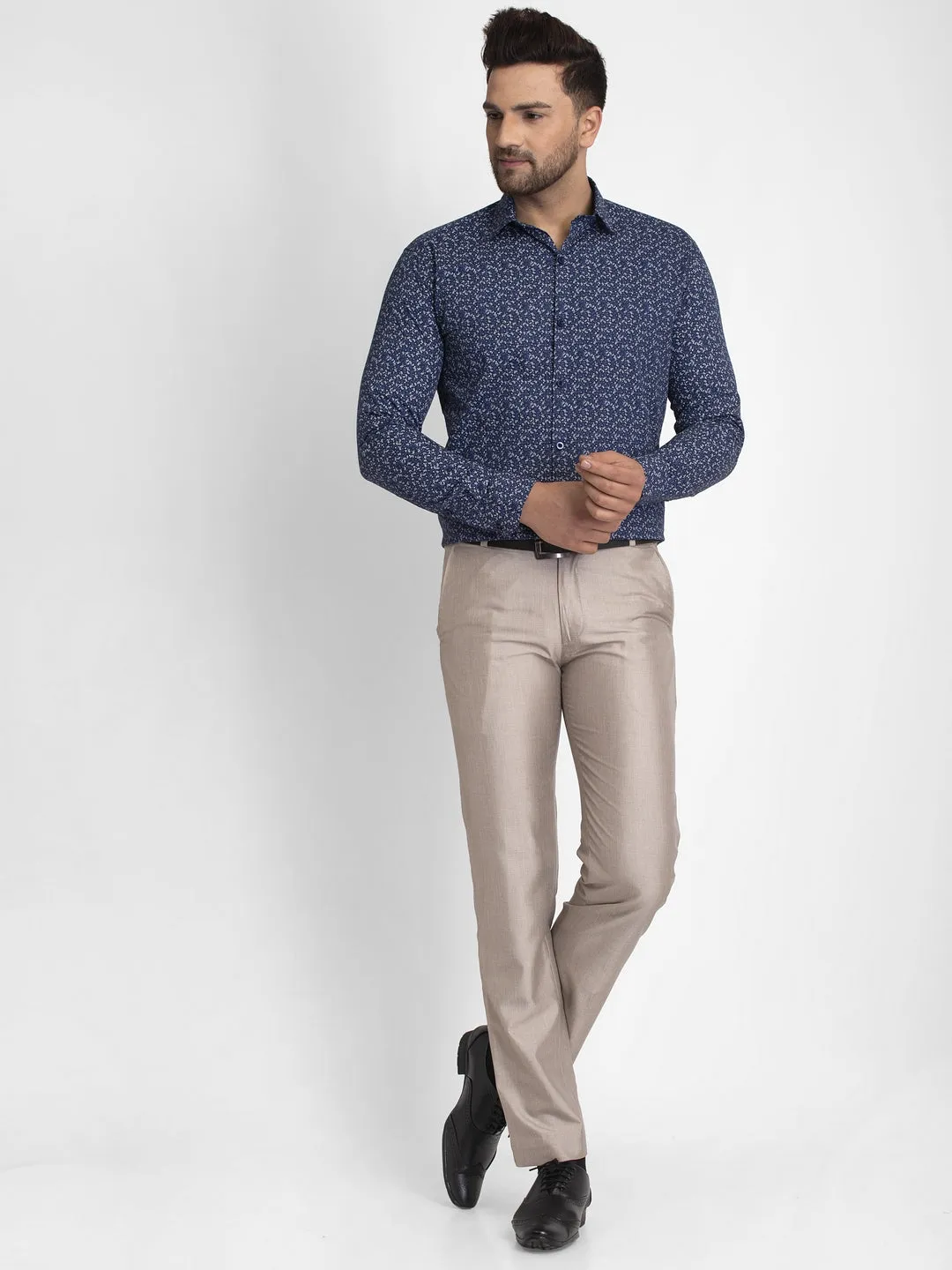 Men's Navy Blue Printed Formal Shirt ( JSF 426Navy ) - Jainish