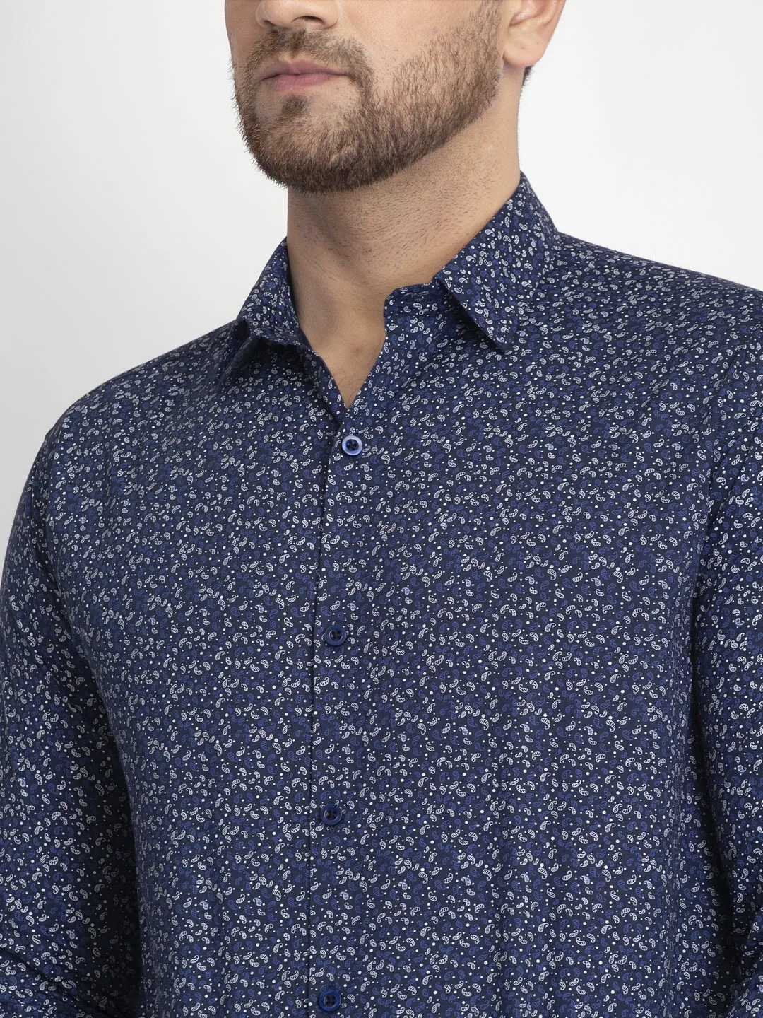 Men's Navy Blue Printed Formal Shirt ( JSF 426Navy ) - Jainish