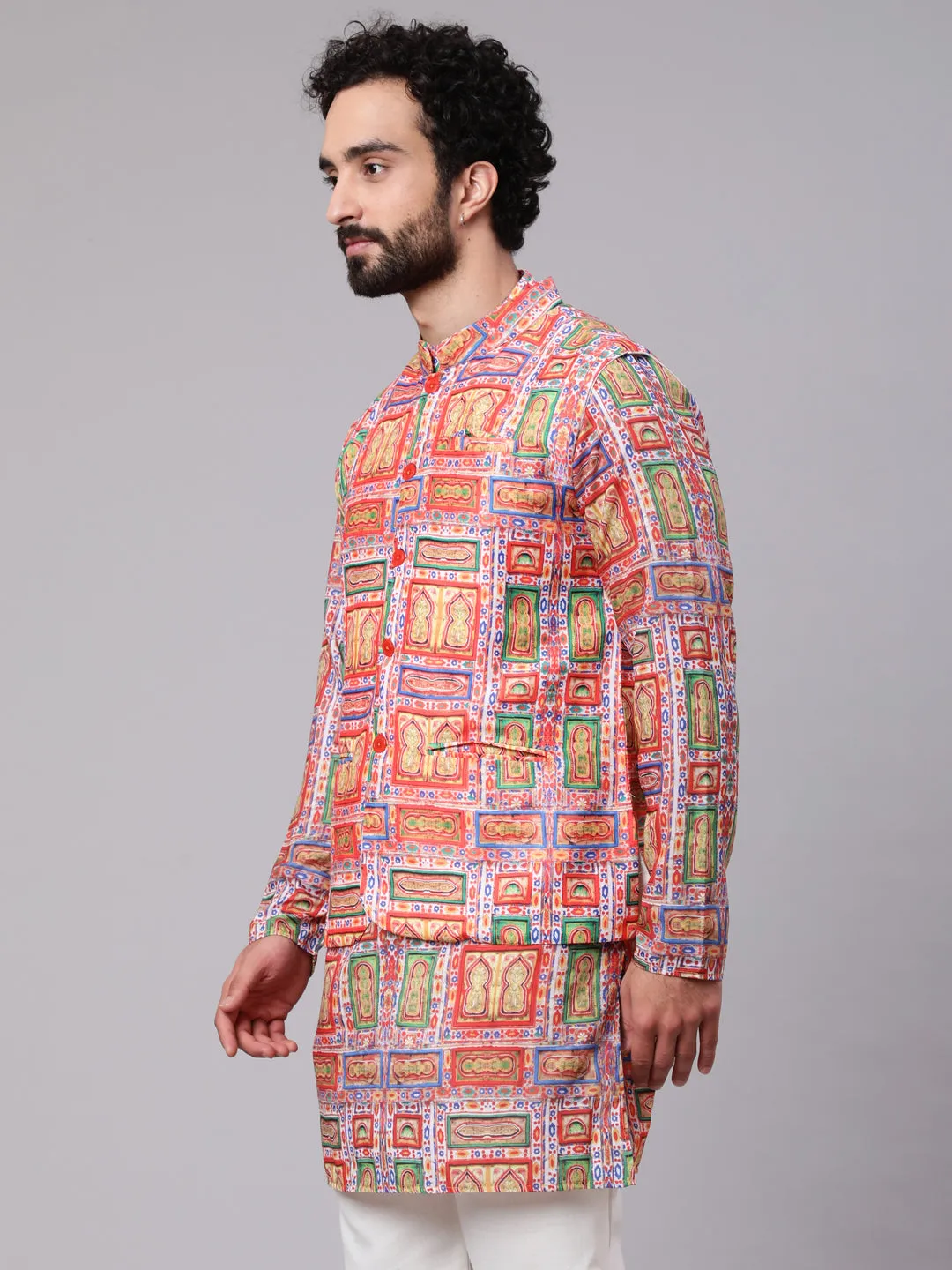 Men's Red Green Digital Print Nehru Jacket - Aks Men