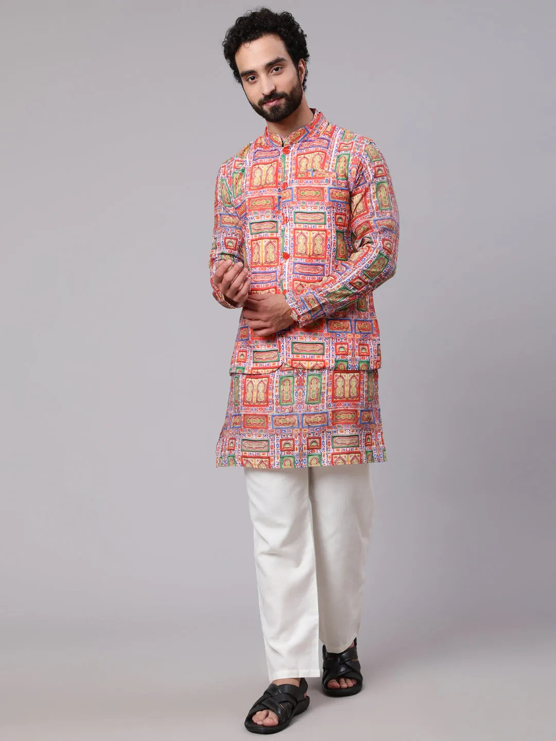 Men's Red Green Digital Print Nehru Jacket - Aks Men