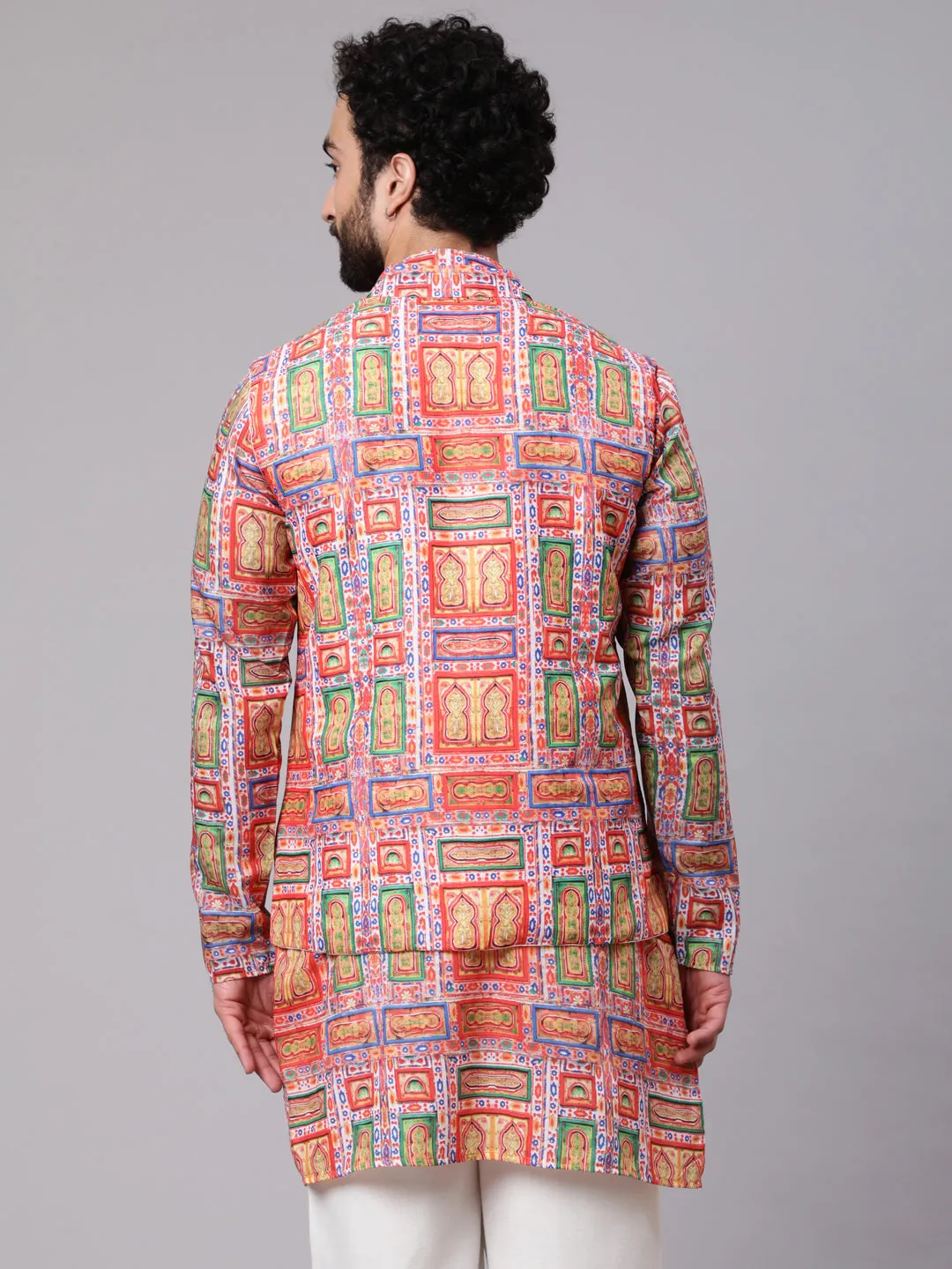 Men's Red Green Digital Print Nehru Jacket - Aks Men