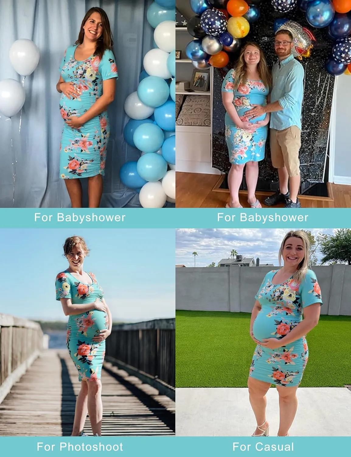 MUSIDORA Solid Color & Floral Side Ruch Maternity Dress/Short Sleeve Bodycon Dress Baby Shower Daily Wear