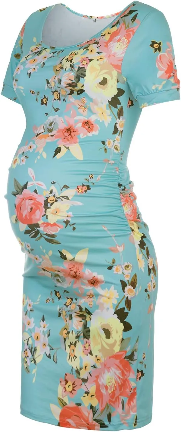 MUSIDORA Solid Color & Floral Side Ruch Maternity Dress/Short Sleeve Bodycon Dress Baby Shower Daily Wear