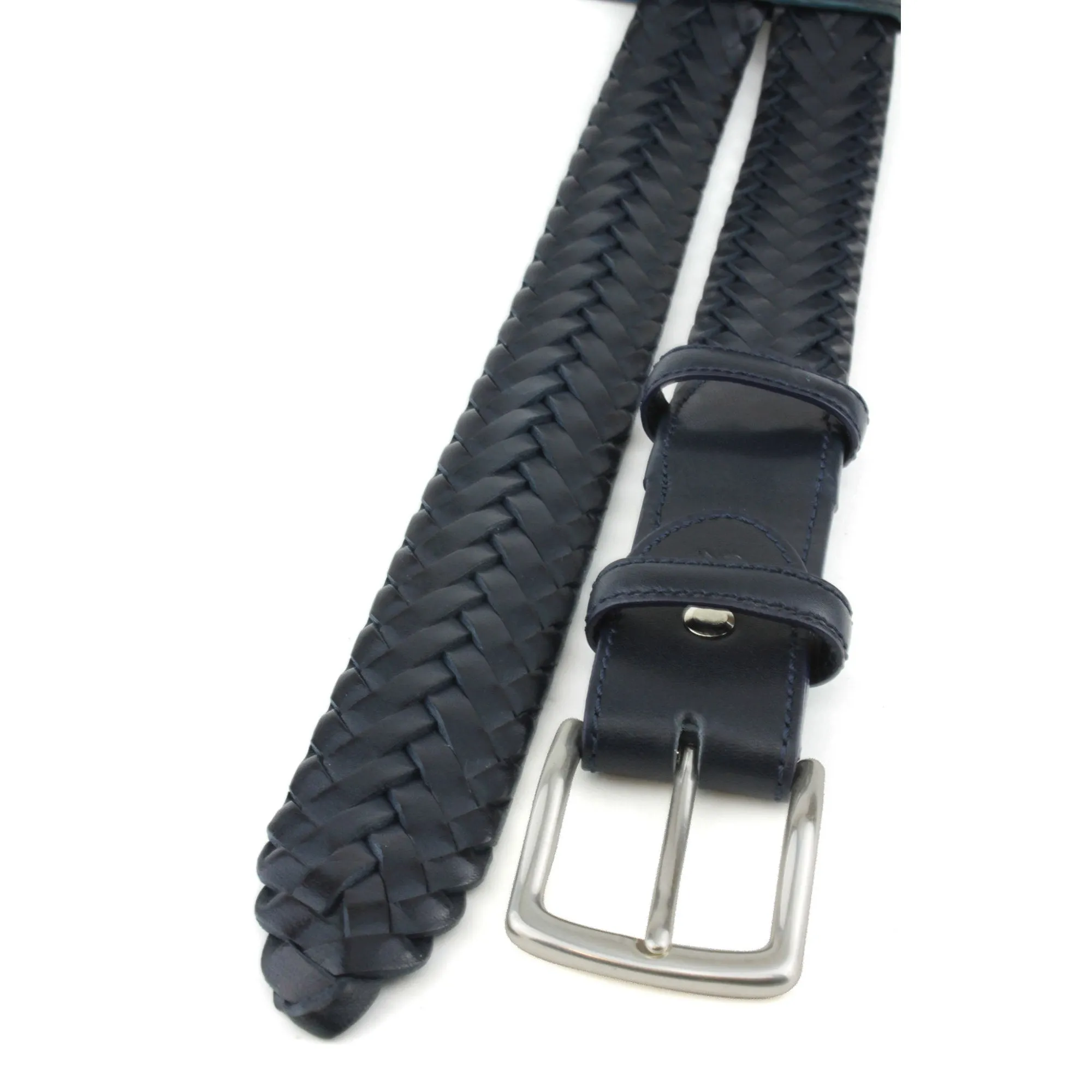 Navy Blue Handwoven Leather Silver Prong Belt
