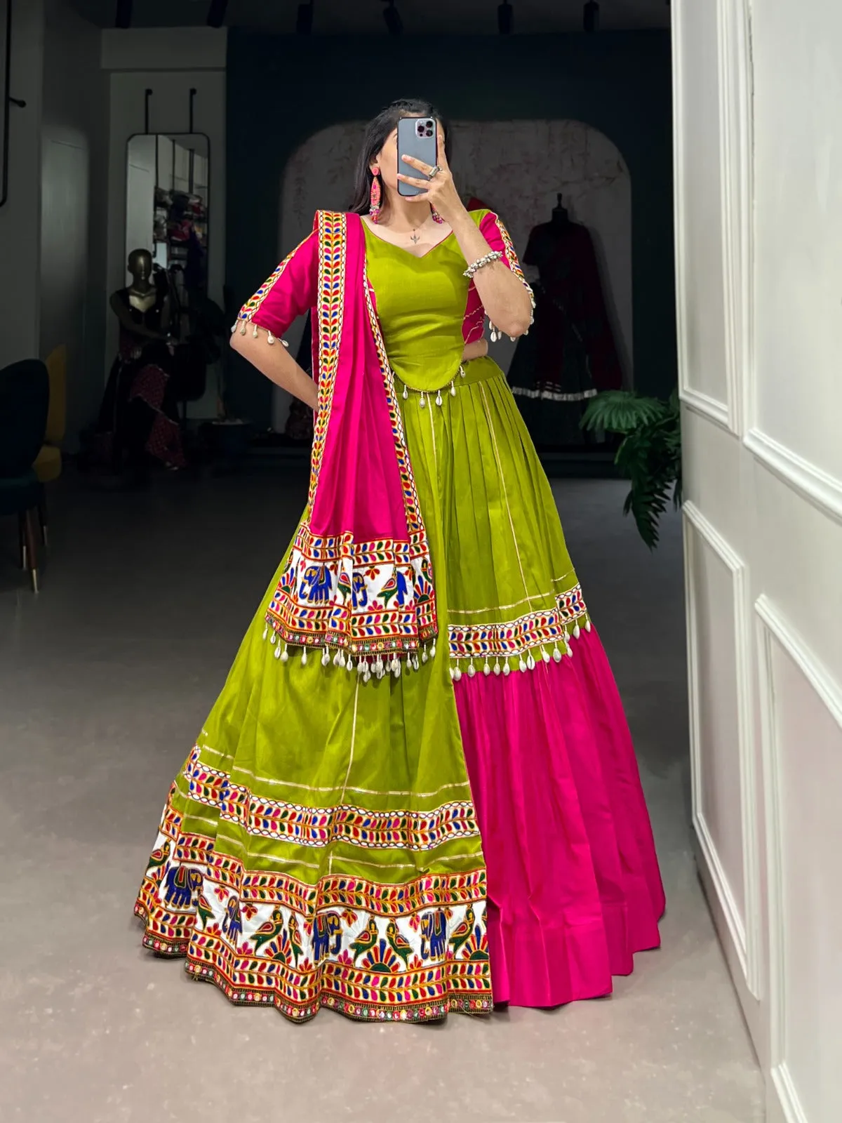Parrot Green Navratri Lehenga Set with Gamthi Work and Cowrie Lace