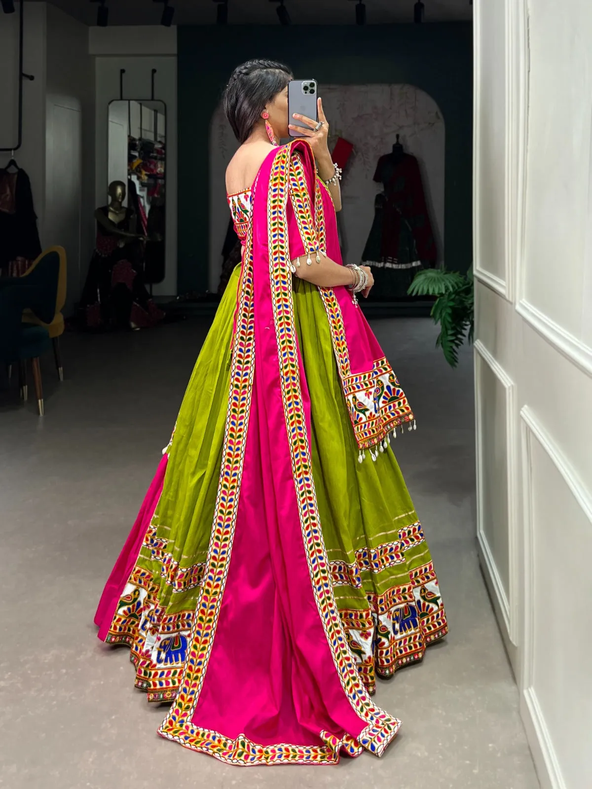Parrot Green Navratri Lehenga Set with Gamthi Work and Cowrie Lace