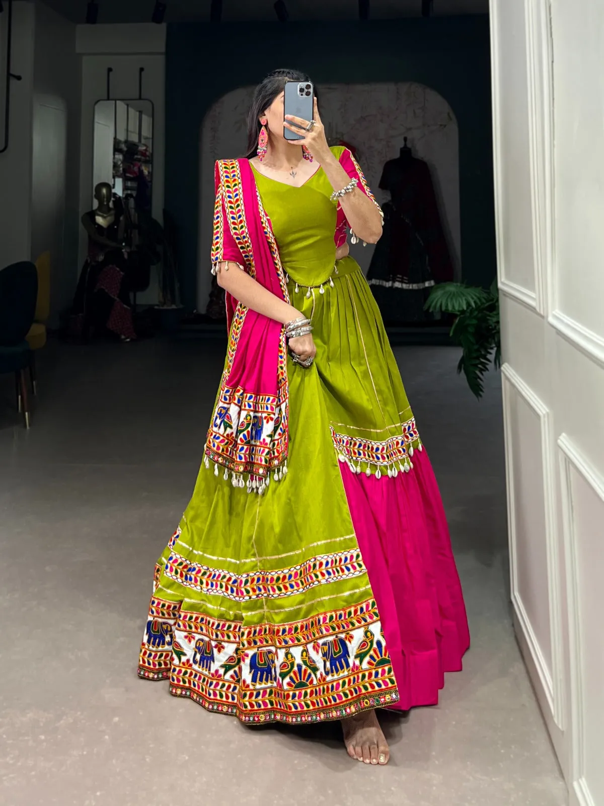 Parrot Green Navratri Lehenga Set with Gamthi Work and Cowrie Lace