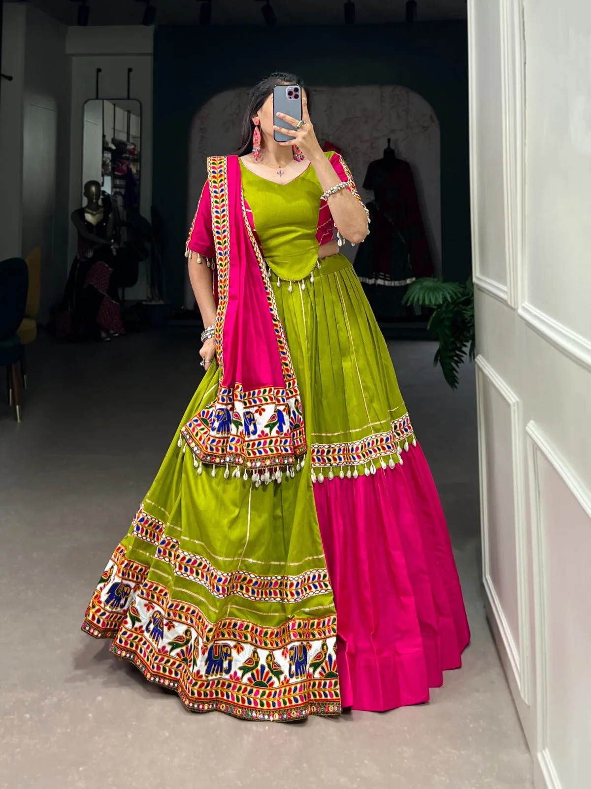 Parrot Green Navratri Lehenga Set with Gamthi Work and Cowrie Lace