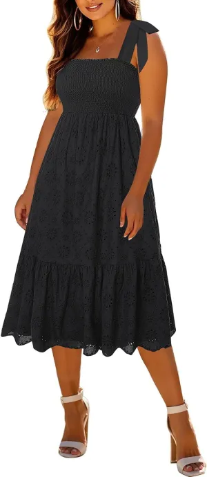 Plus Size Summer Dress 2025 - Sun Boho Casual Beach Spaghetti Strap Eyelet Midi Sundress