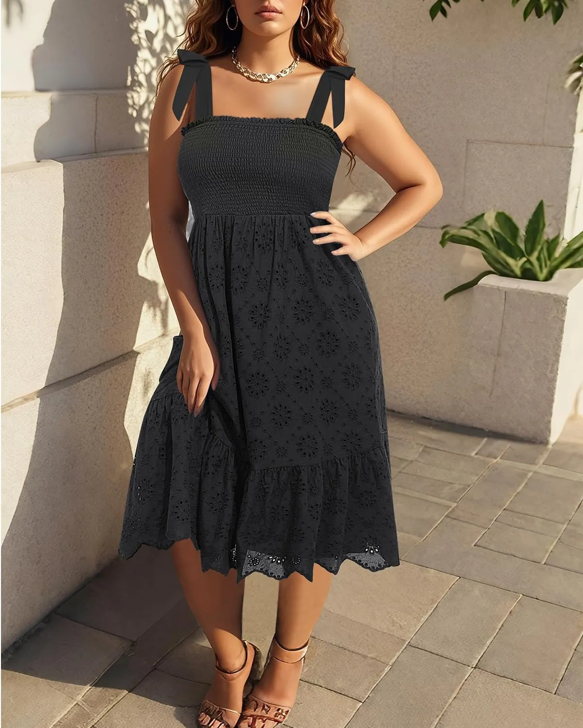 Plus Size Summer Dress 2025 - Sun Boho Casual Beach Spaghetti Strap Eyelet Midi Sundress