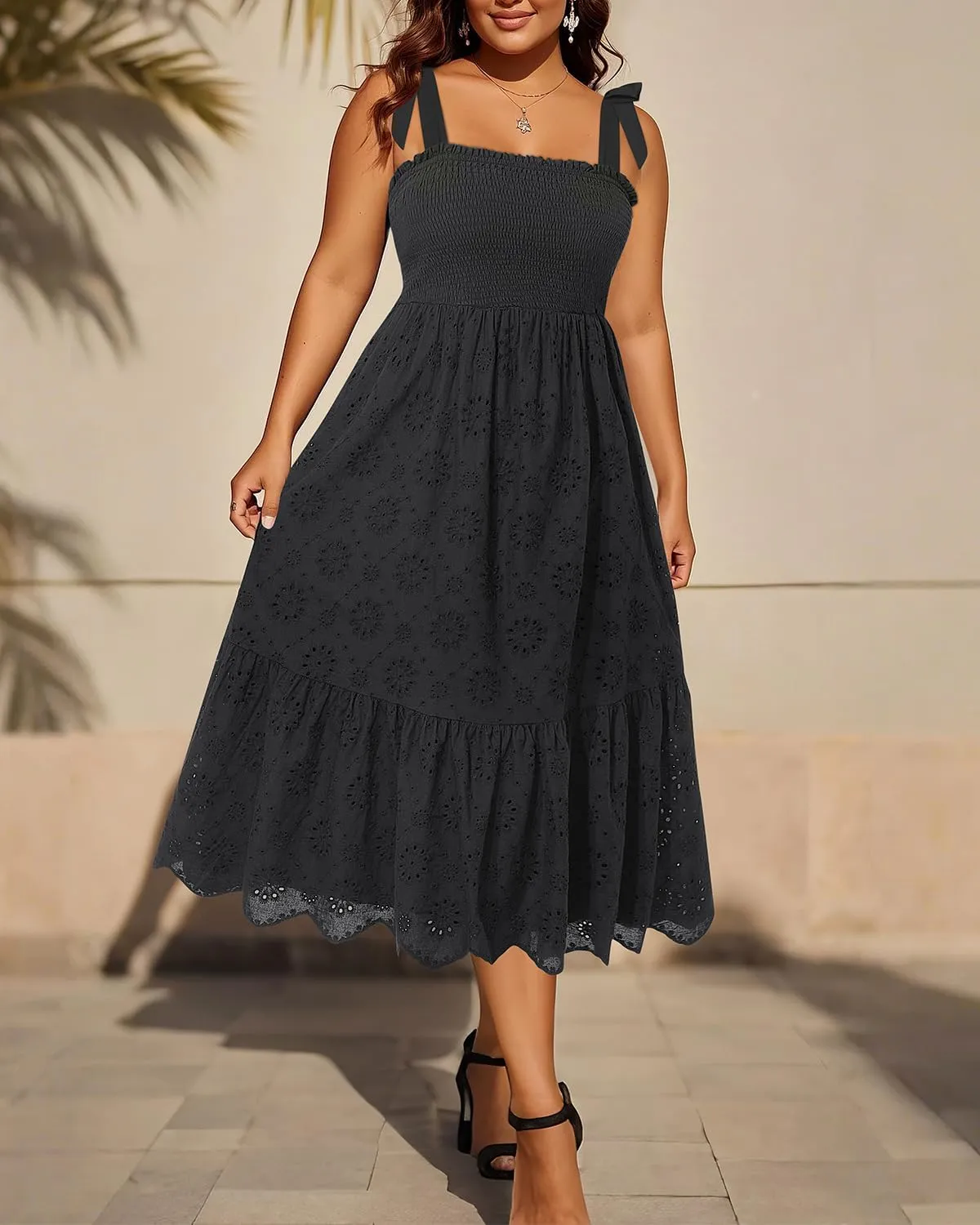 Plus Size Summer Dress 2025 - Sun Boho Casual Beach Spaghetti Strap Eyelet Midi Sundress