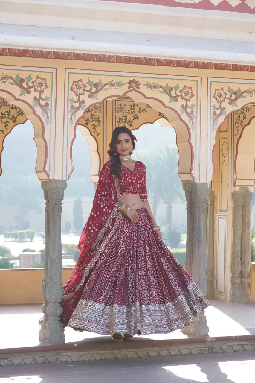 Rani Pink Designer Viscose Jacquard Lehenga Choli & Dupatta Set with Sequins