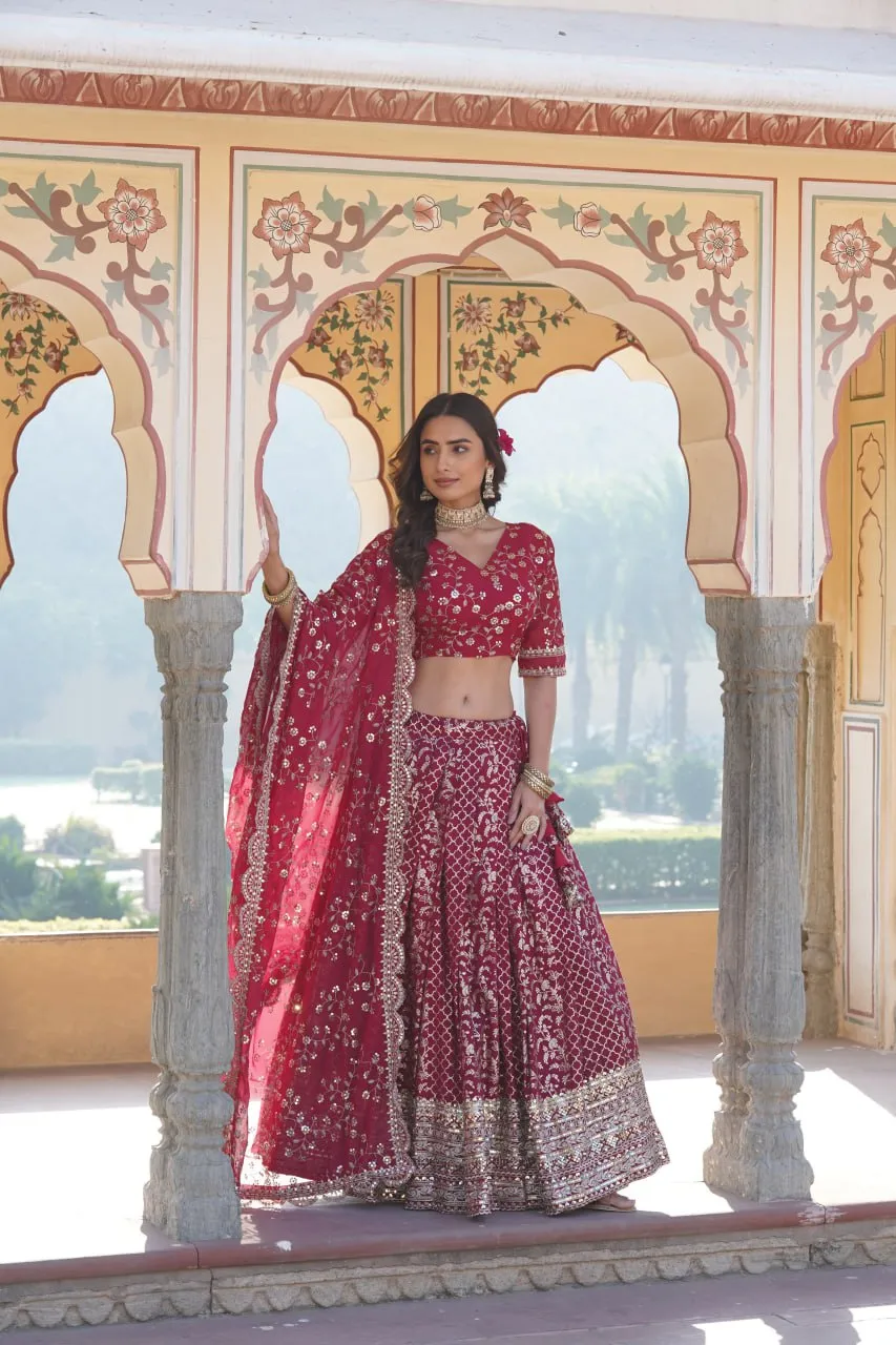 Rani Pink Designer Viscose Jacquard Lehenga Choli & Dupatta Set with Sequins