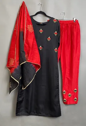 Red & Black Kurta, Pants & Dupatta set