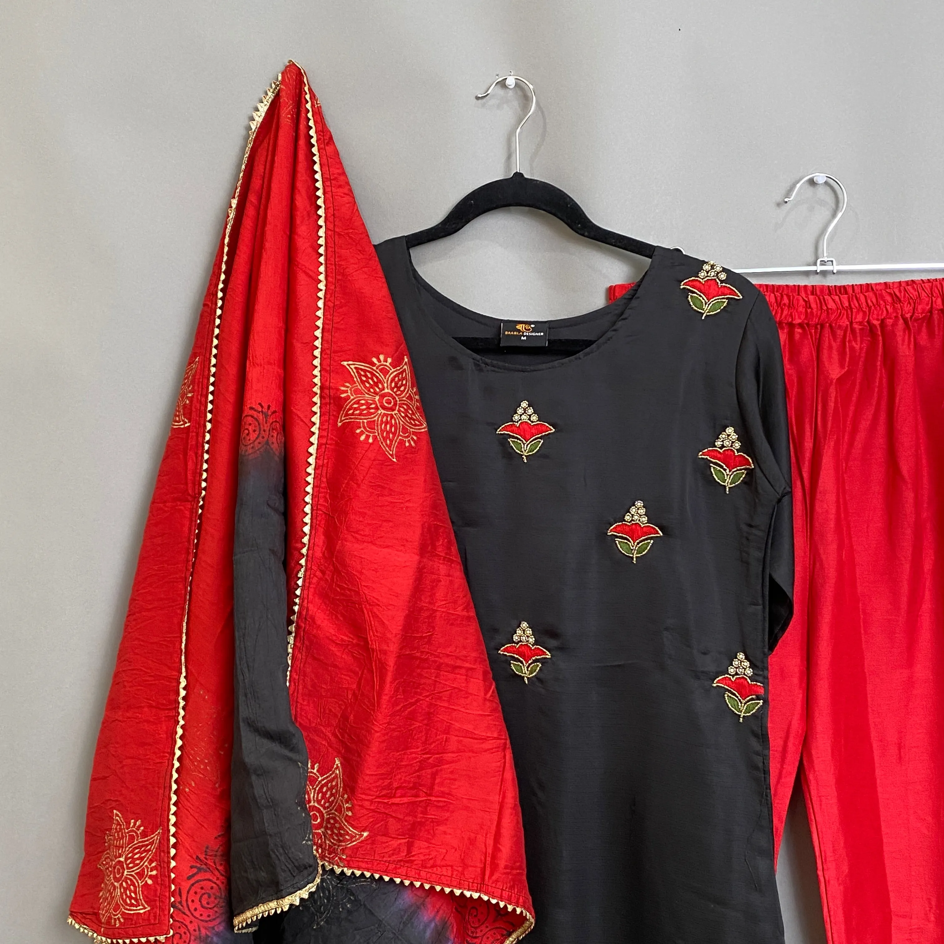 Red & Black Kurta, Pants & Dupatta set