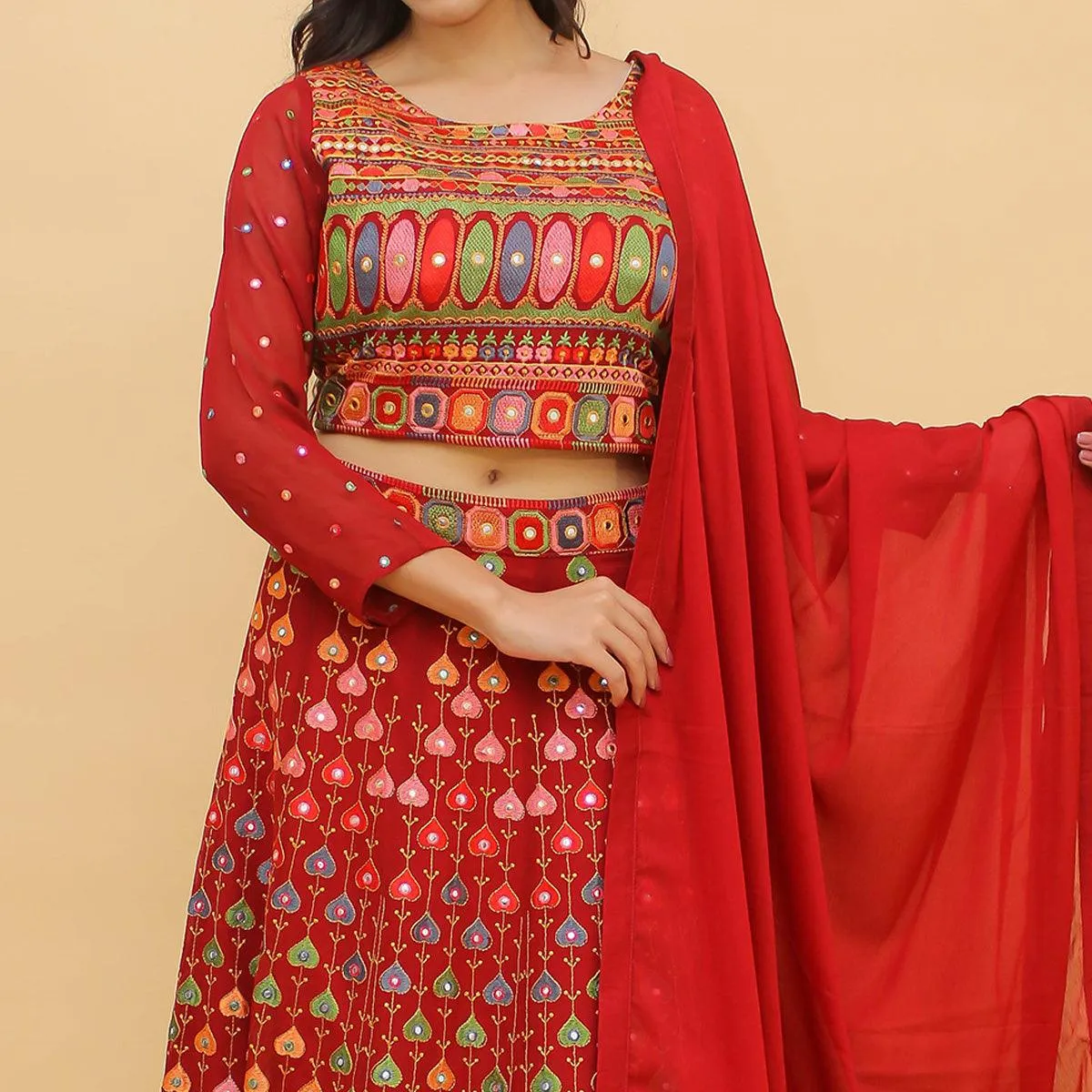 Red Embroidered With Embellished Georgette Lehenga Choli