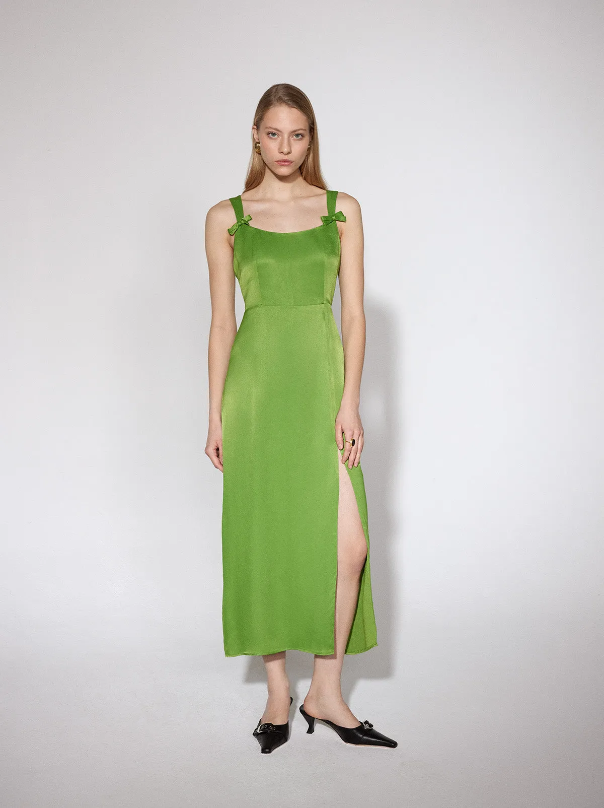 Rosalind Kiwi Green Satin Midi Dress
