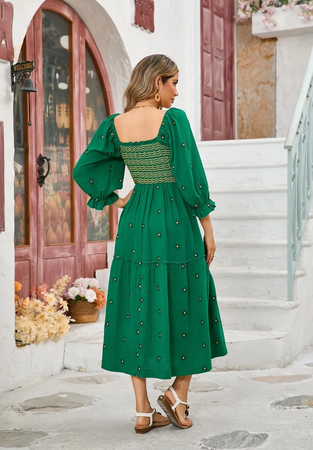 R.Vivimos Women's Long Sleeve Cotton Boho Midi Dress Vintage Square Neck Floral Embroidered Tiered Ruffle Flowy Pockets Dress