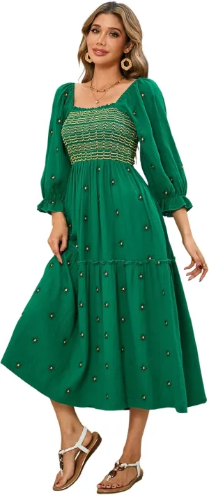 R.Vivimos Women's Long Sleeve Cotton Boho Midi Dress Vintage Square Neck Floral Embroidered Tiered Ruffle Flowy Pockets Dress