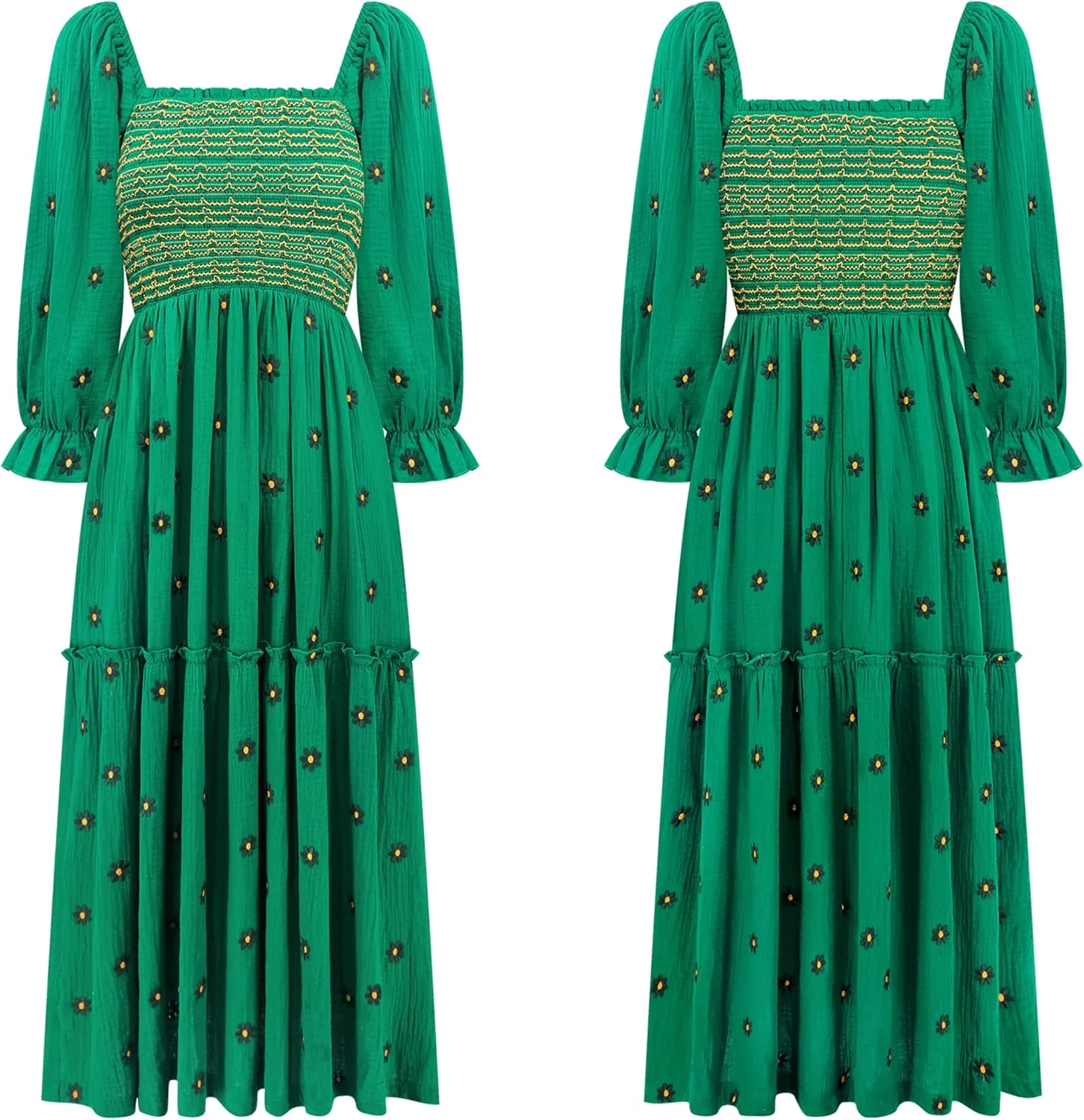 R.Vivimos Women's Long Sleeve Cotton Boho Midi Dress Vintage Square Neck Floral Embroidered Tiered Ruffle Flowy Pockets Dress