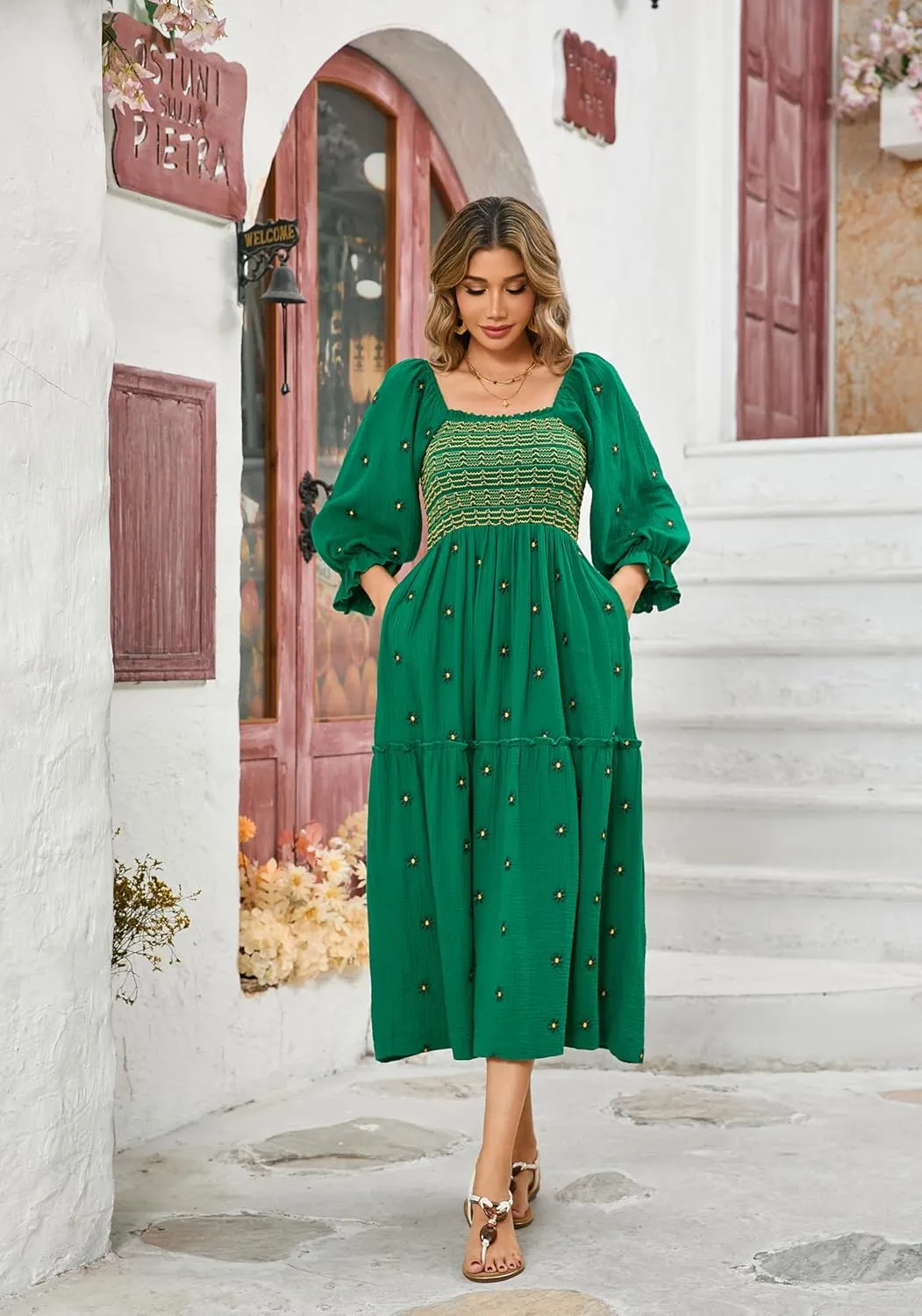 R.Vivimos Women's Long Sleeve Cotton Boho Midi Dress Vintage Square Neck Floral Embroidered Tiered Ruffle Flowy Pockets Dress