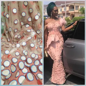 SALE, SALE: Latest 3D fabric in Dusty pink/turqouise net french lace fabric embellished with petals. Sold per 5yds. And price is for 5yds.  African french lace fabric from Swiss