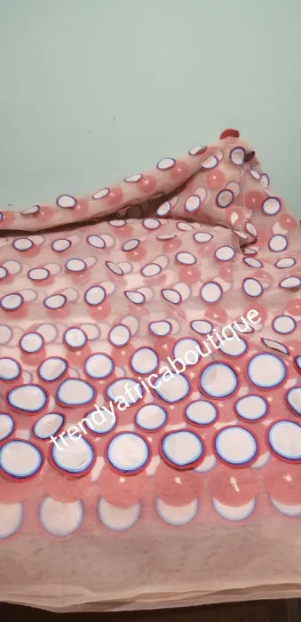 SALE, SALE: Latest 3D fabric in Dusty pink/turqouise net french lace fabric embellished with petals. Sold per 5yds. And price is for 5yds.  African french lace fabric from Swiss