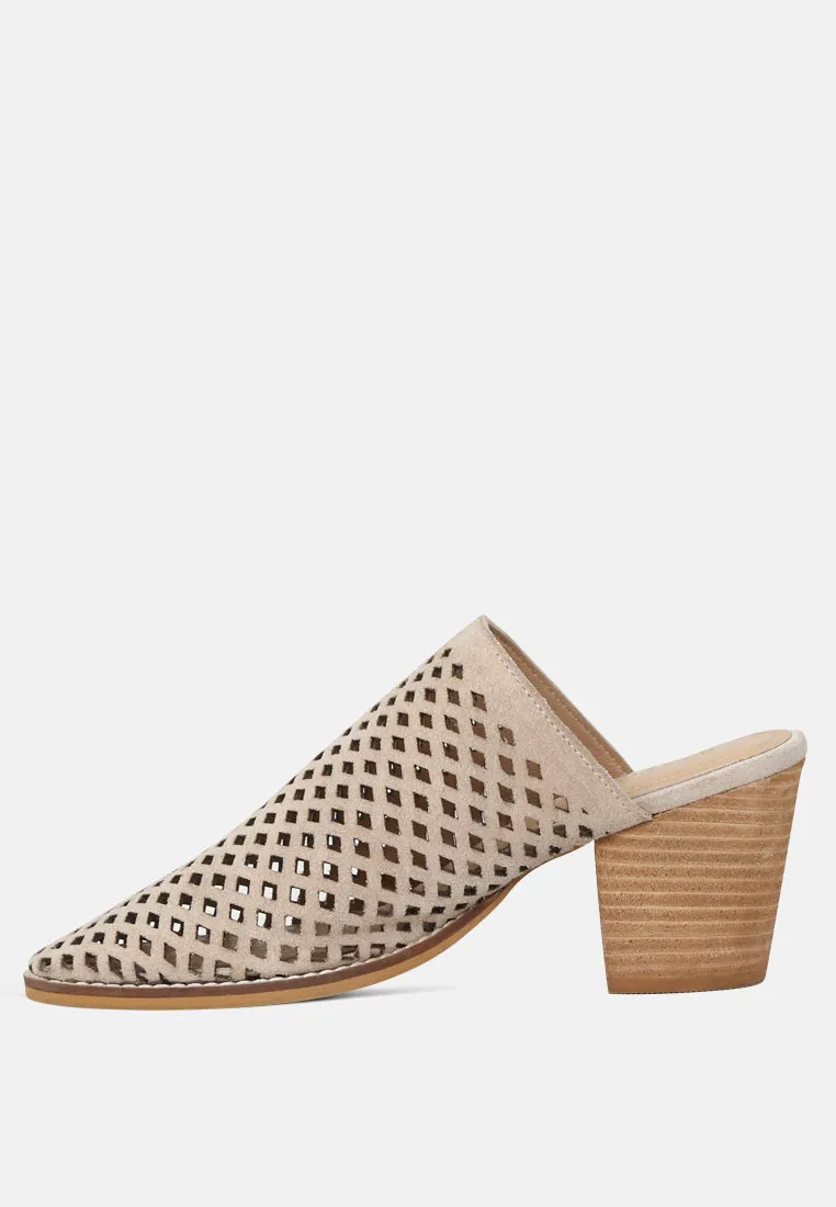 SIA Stacked Heel Laser-Cut Mules in Nude