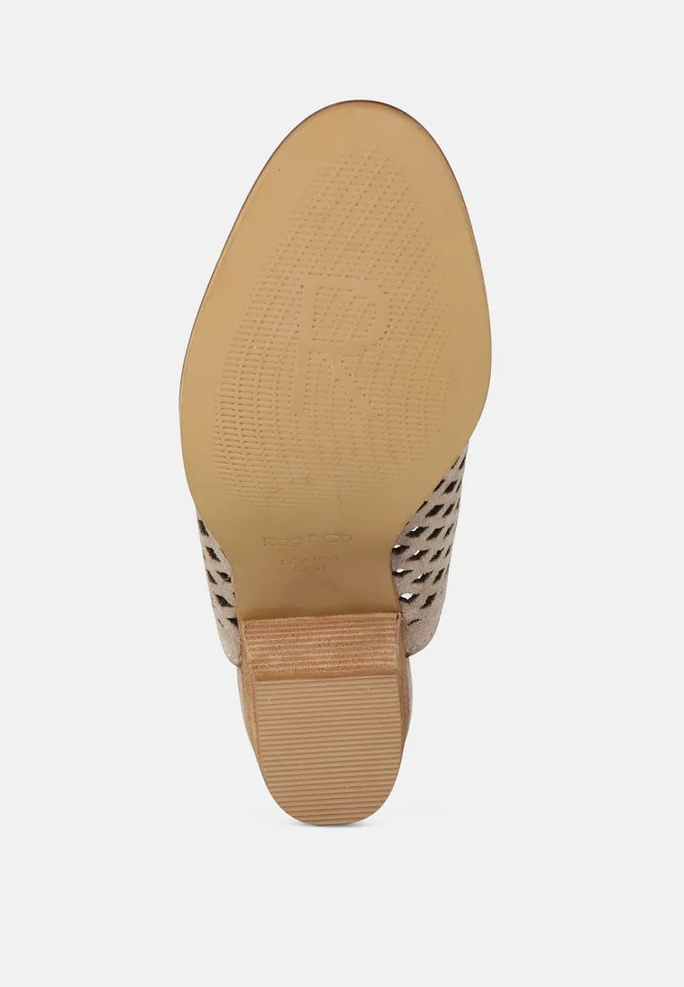 SIA Stacked Heel Laser-Cut Mules in Nude