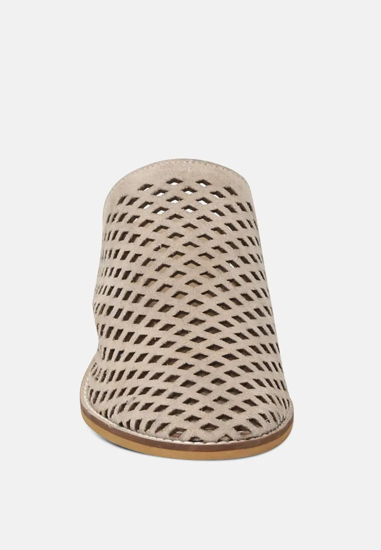 SIA Stacked Heel Laser-Cut Mules in Nude