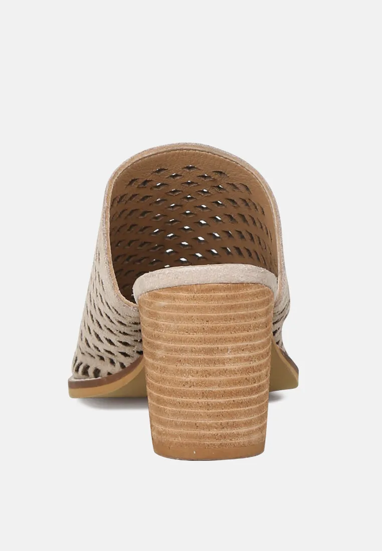 SIA Stacked Heel Laser-Cut Mules in Nude