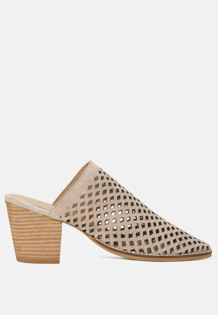 SIA Stacked Heel Laser-Cut Mules in Nude