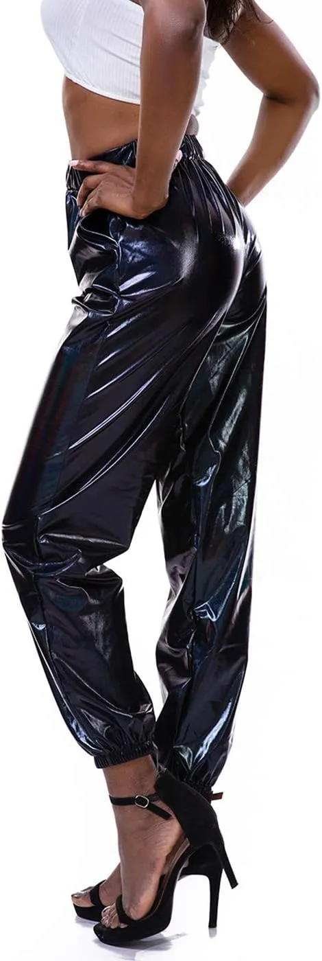 SIAEAMRG Womens Shiny Metallic High Waist Stretchy Jogger Pants, Wet Look Hip Hop Club Wear Holographic Trousers Sweatpant