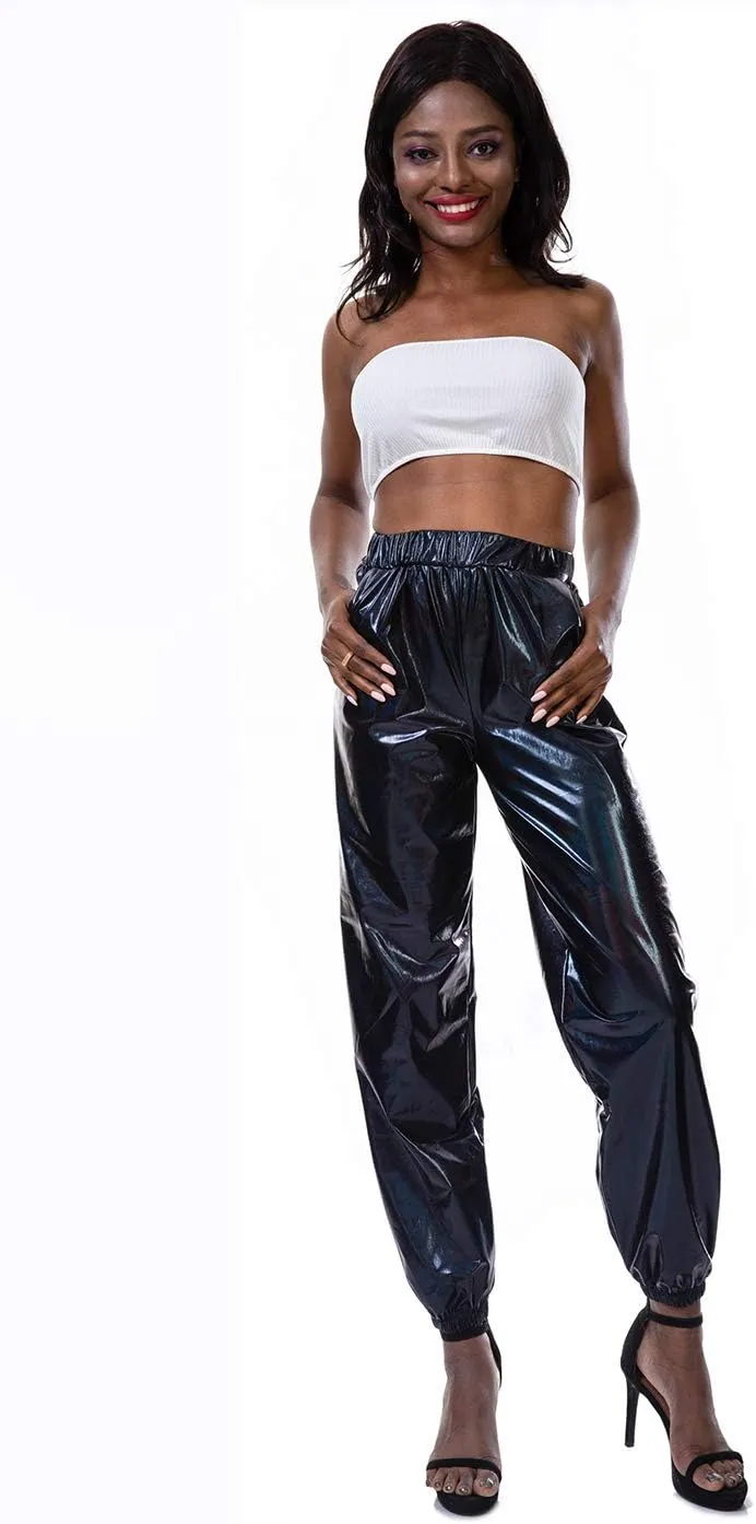 SIAEAMRG Womens Shiny Metallic High Waist Stretchy Jogger Pants, Wet Look Hip Hop Club Wear Holographic Trousers Sweatpant