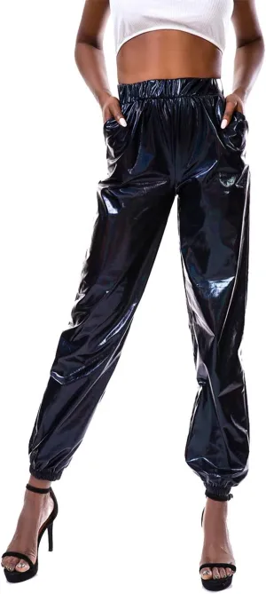 SIAEAMRG Womens Shiny Metallic High Waist Stretchy Jogger Pants, Wet Look Hip Hop Club Wear Holographic Trousers Sweatpant