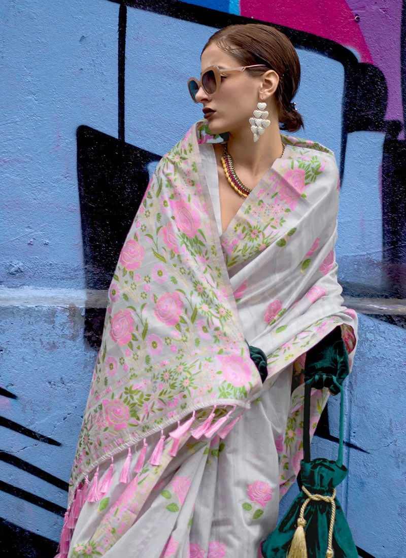 Sky Blue Handloom Woven Floral Printed Silk Saree