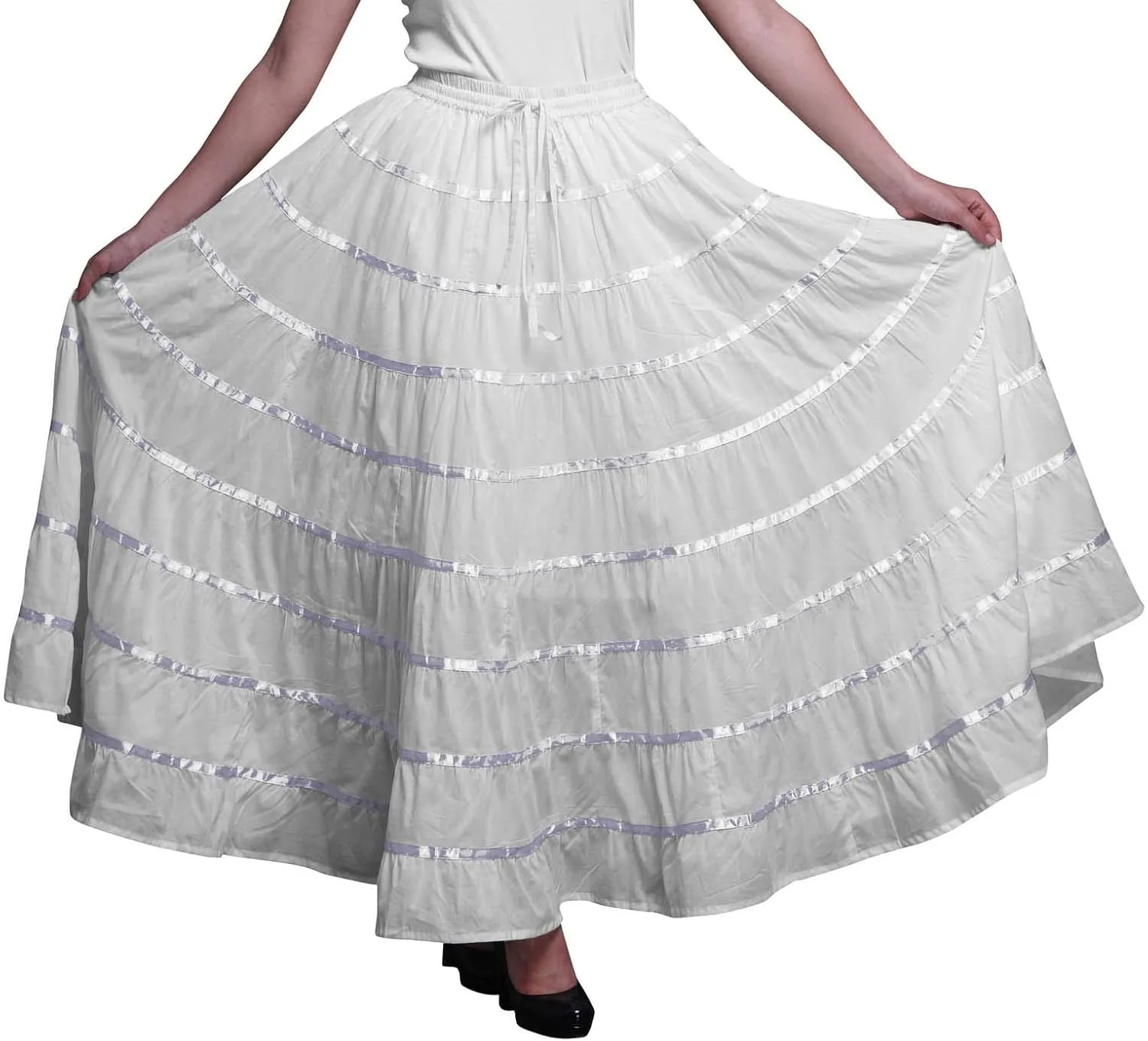 Solid Long Maxi Cotton Beach Wear Skirt for Women Elastic Waist Skirt Summer Wear