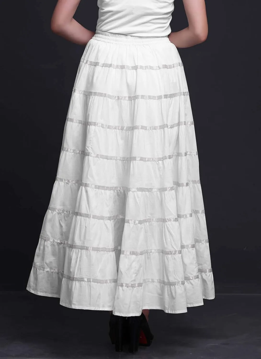 Solid Long Maxi Cotton Beach Wear Skirt for Women Elastic Waist Skirt Summer Wear