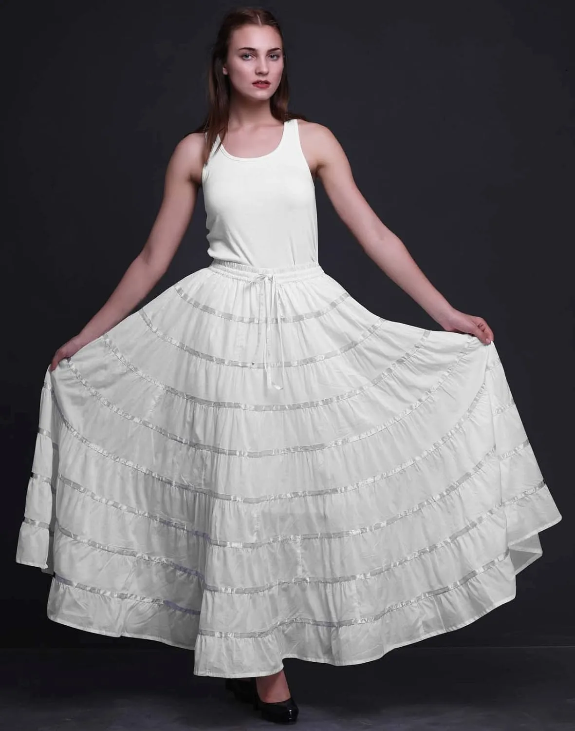 Solid Long Maxi Cotton Beach Wear Skirt for Women Elastic Waist Skirt Summer Wear