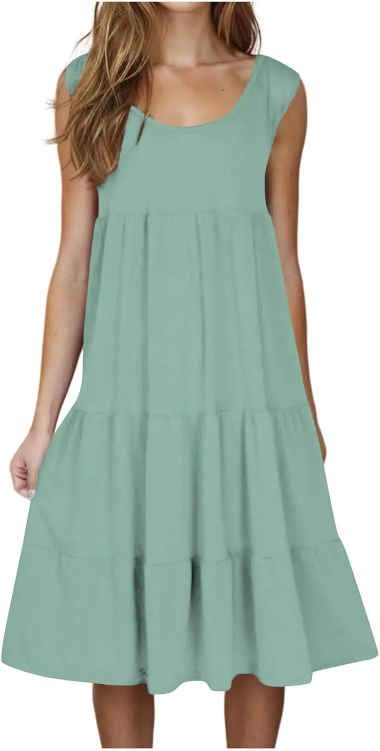Sundresses for Women 2025 Sleeveless Cute Petite Mini Dress Tiered Summer Flowy Boho Sundress Beach Wear